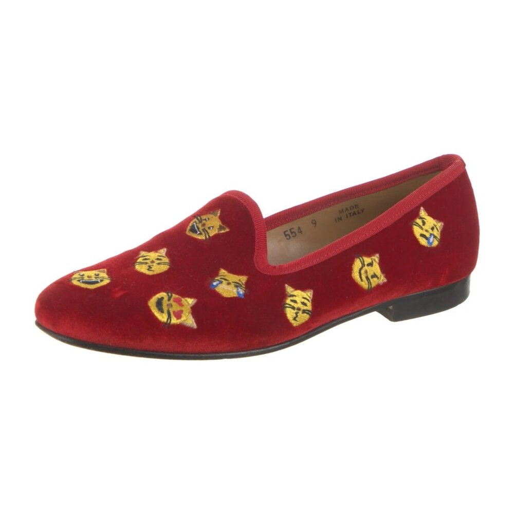 Del Toro Cat Emoji Embroidered Velvet Smoking Slippers (Cat Got Your Sole)